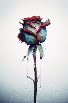 Blue and red rose with water drops on white background, in watercolor style, for home decor, wallpapers, posters, and cards.