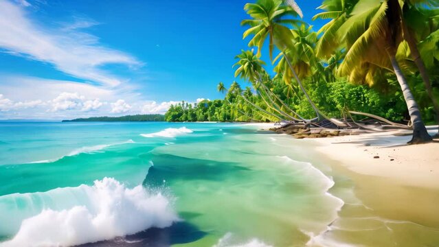 A picture of a tranquil tropical beach with swaying palm trees and sparkling clear water, A tropical paradise with a palm-lined beach and clear turquoise water, AI Generated