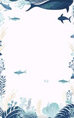 Blue and green fish and plants illustration frame
