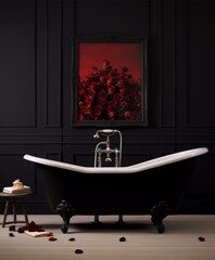 Black Victorian bathtub with red roses painting in dark paneled bathroom