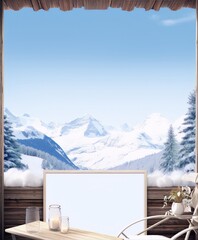 Snowy mountain landscape with wooden cabin interior and large blank frame in minimal scandinavian style