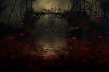 Dark ethereal landscape with a bridge over a blood-red river in a foggy forest with red flowers