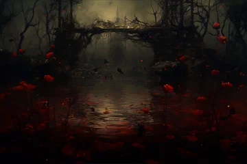 Foto op Plexiglas Dark ethereal landscape with a bridge over a blood-red river in a foggy forest with red flowers © kalamjamila