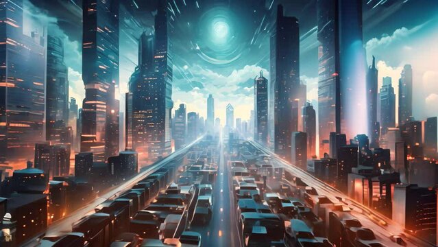 A stunning image showcasing a futuristic metropolis filled with towering skyscrapers, A vivid matrix of techno-infrastructures fading into a cybernetic twilight, AI Generated