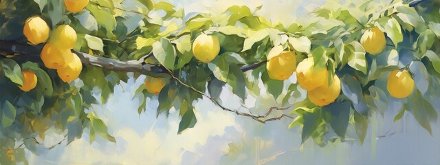 Yellow lemons and green leaves painted in an impressionist style with soft brushstrokes on a light blue background.