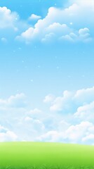 Obraz premium Blue sky and white clouds with green field, digital art, cartoon, bright, simple, flat, vector, illustration