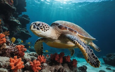 Underwater organism, sea turtle, swimming near coral reef in the ocean