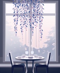 Elegant dinning room with a large window, blue and gray tones, two chairs and a table set for two with pink and red accents in a modern interior style.