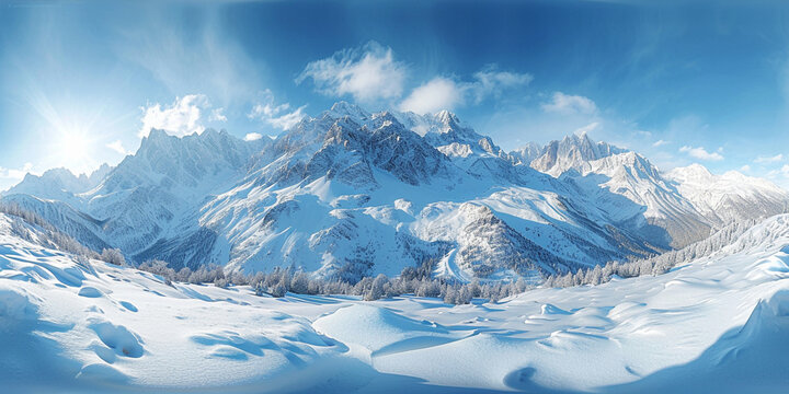 Spherical 360 degrees seamless panorama view in equirectangular projection:wild winter natural snow landscape of a beautiful mountain range with white peaks crowned by soft clouds under a blue sky