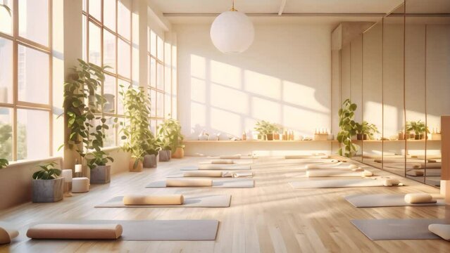 A large room filled with an abundance of yoga mats laid out on the floor, A yoga studio filled with light, complete with mats and accessories, AI Generated