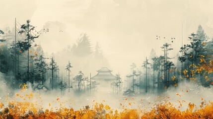 Abstract artistic background, Chinese style, mood landscape painting, golden texture. Ink landscape painting. Modern Art. Prints, wallpapers, posters, murals, carpets.