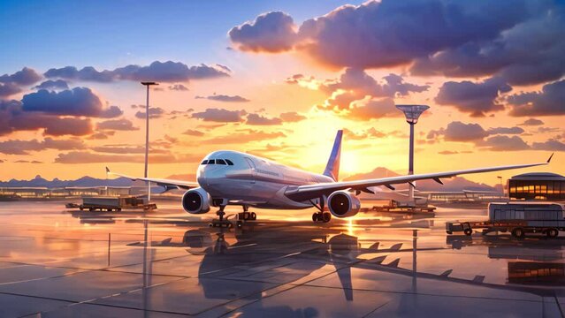 A stunning painting of an airplane on the tarmac, capturing the essence of aviation and the anticipation of flight, Airport terminal with planes taking off in the background, AI Generated