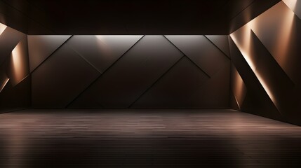 Modern dark brown geometric Interior with Neon Lighting. Empty Room for Product Presentation
