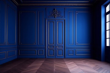 ornate blue paneled walls and hardwood floor in a traditional style interior