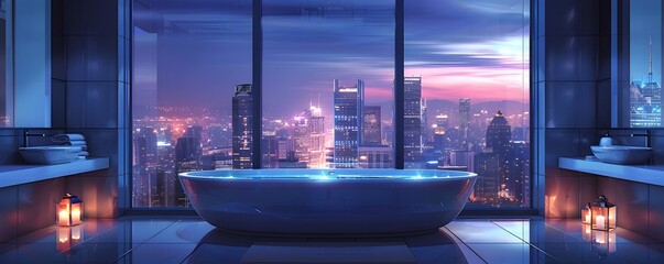Lavish Luxury Hotel Bathroom with Breathtaking City Skyline View for Elevated Unwinding Experience - obrazy, fototapety, plakaty