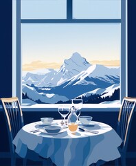 Elegant dinning room with a view on snowy mountains, blue and white colors, vector illustration, interior design, art deco. - obrazy, fototapety, plakaty