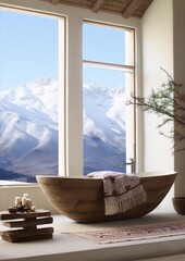 Wooden bathtub with a mountain view, interior design, bathed in soft light, natural colors, minimalist style, with a touch of rustic charm