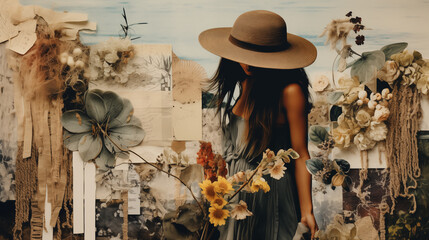 mood board collage in nature boho style, retro style,scraps of paper.different prints of paper....