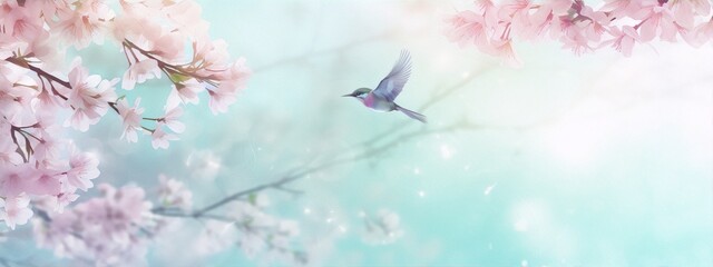 Obraz premium Delicate hummingbird in flight near a branch of blossoming sakura tree with pink flowers against a blurred background in soft pastel colors.