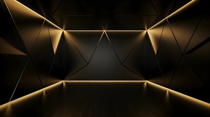 Modern dark gold geometric Interior with Neon Lighting. Empty Room for Product Presentation