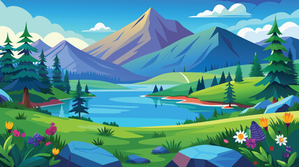  Mountain lake landscape vector illustration. Cartoon flat panorama of spring summer beautiful nature, green grasslands meadow with flowers, forest, for kids background, generative ai
