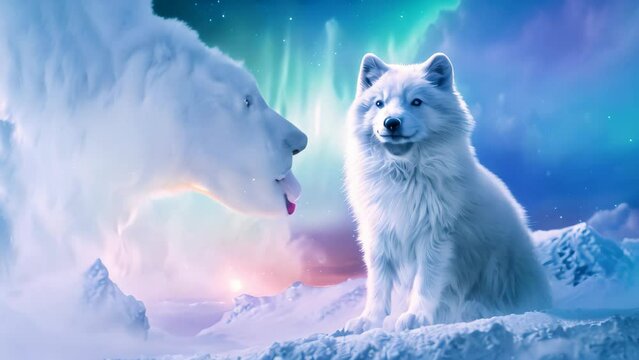 A white dog sitting peacefully on top of a hill covered in pristine white snow, An arctic fox roaming under the aurora borealis, AI Generated