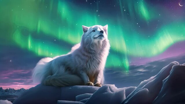A breathtaking image of a stunning white wolf as it peacefully poses on top of a hill covered in pure white snow, An arctic fox roaming under the aurora borealis, AI Generated
