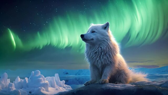 A stunning image of a polar bear sitting on a rock, framed by the vibrant colors of the aurora borealis, An arctic fox roaming under the aurora borealis, AI Generated