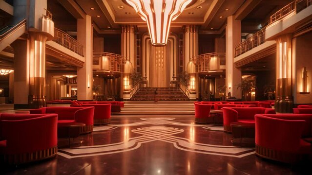 A grand lobby showcasing red chairs and an elegant chandelier, creating a welcoming ambiance for guests, An Art Deco style cinema in a cosmopolitan city, AI Generated