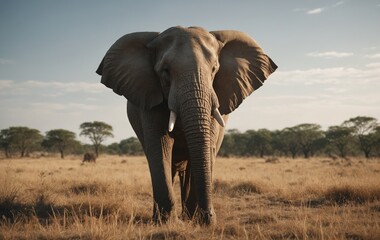 Fototapeta na wymiar Elephant in grassland under cloudy sky in ecoregion
