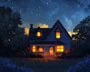 Cozy Cottage Aglow in the Winter Nightscape a Beacon of Warmth and Comfort Amidst the Tranquil Forest