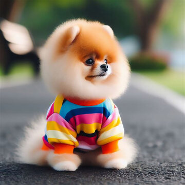 images of a Pomeranian on the street. The Playful Spirit. AI Generation.