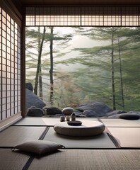 Tranquil Zen garden with a view of a lush forest, featuring a tatami mat floor,????, and a low wooden table with teacups.