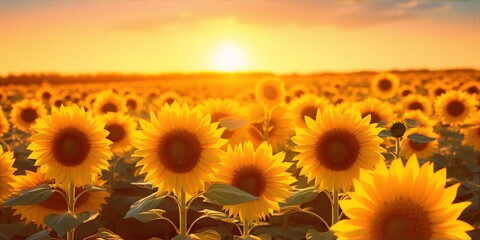 Obraz premium Sunflowers in a field at sunset, bright yellow and orange colors, photography, realism, warm colors, rural, impressionism.