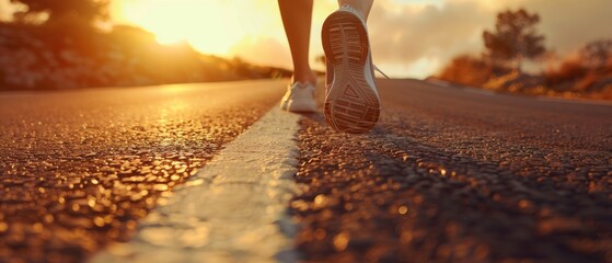 Closeup of runner feet running on road. Woman fitness sunrise jog workout concept.