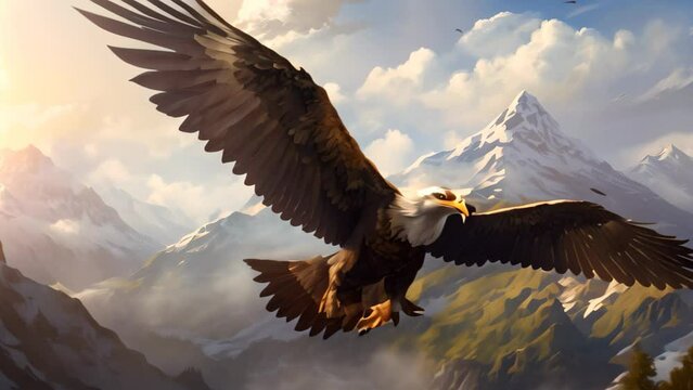 A vibrant painting capturing the majestic sight of an eagle soaring gracefully through the sky above a stunning mountain range, An eagle soaring high over a mountainous landscape, AI Generated