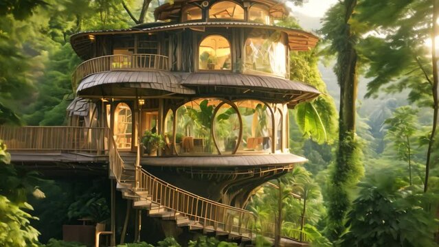 A picturesque tree house perched above the ground, surrounded by lush greenery in the heart of the forest, An eco-friendly treehouse nestled in a rainforest, AI Generated