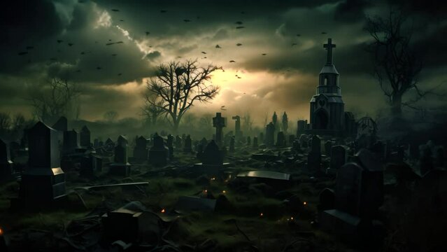 A chilling image of bats flying against the night sky above a cemetery, An eerie graveyard under a stormy sky, AI Generated