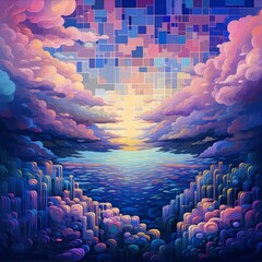 Obraz premium Colorful abstract landscape painting with geometric shapes and vibrant colors in a surreal dreamscape style.
