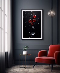 Black and red abstract still life photography of water drops on red berries in dark background with red armchair and plant in interior design