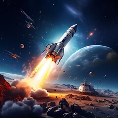 At the center of the composition, a towering rocket stands poised for liftoff, its sleek, metallic...