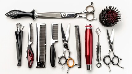 Professional barber hair clippers, scissors, and combs for men's haircuts. Premium hairdressing accessories for salons, isolated on a white background. - obrazy, fototapety, plakaty
