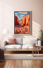 A painting of a canyon landscape in warm colors with a white frame on a pink wall above a white sofa in a modern living room.