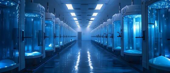 Futuristic Cryogenic Facility: Hi-Tech Freezing Vaults. Concept Sci-Fi Design, Advanced Technology, Cryogenic Preservation, Futuristic Facility, Hi-Tech Freezing Vaults