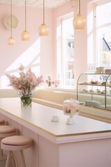 Fototapeta na wymiar Minimalist pink cafe interior with large windows, pink flowers, and a glass display case of pastries