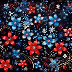 vibrant red and blue flowers with intricate details on a black background in the style of Russian folk art