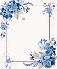 Blue and cream colored flowers frame with a white background in a classic art style.