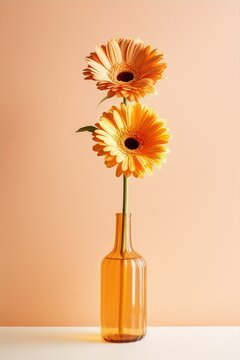 Two orange gerbera flowers in a glass vase on a solid peach background.