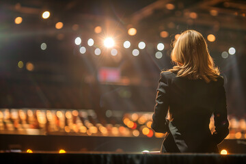 A woman standing on a stage, facing an audience, illuminated by the bright lights of the venue, highlighting the anticipation and importance of speaking in public or performing - obrazy, fototapety, plakaty