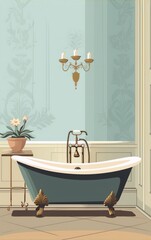 An art deco style bathroom with a blue bathtub, golden faucet and light fixture, and a potted plant on the side